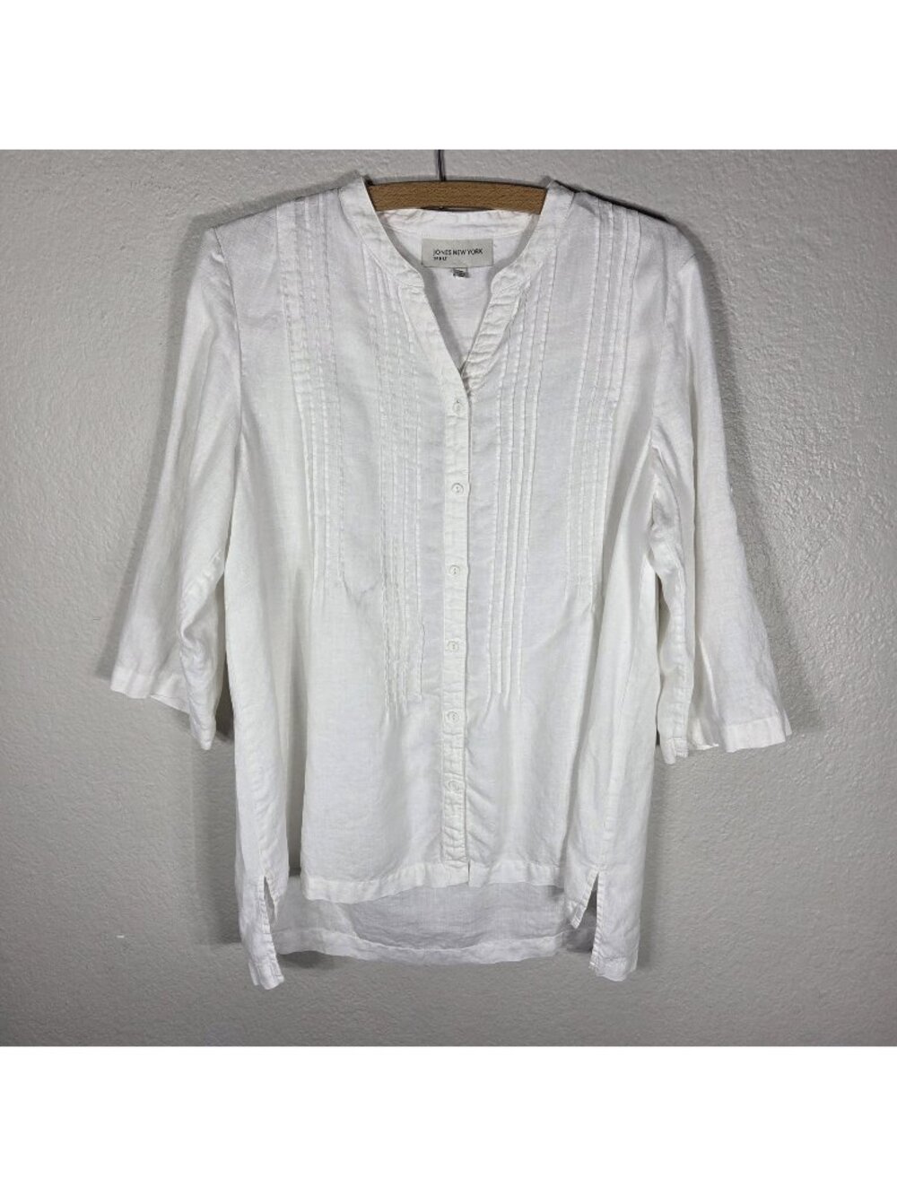 Jones New York Sports White Linen Pintuck Tunic Top M Boho RollTab Sleeve